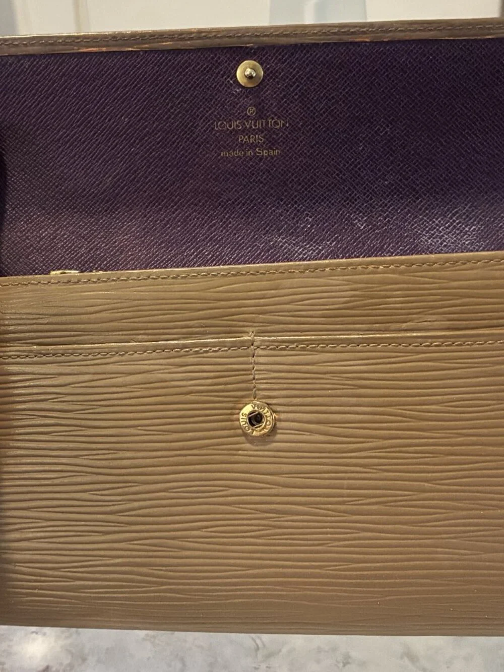 Authentic Louis Vuitton Vintage Epi Leather Long Flap Wallet in Taupe & Purple